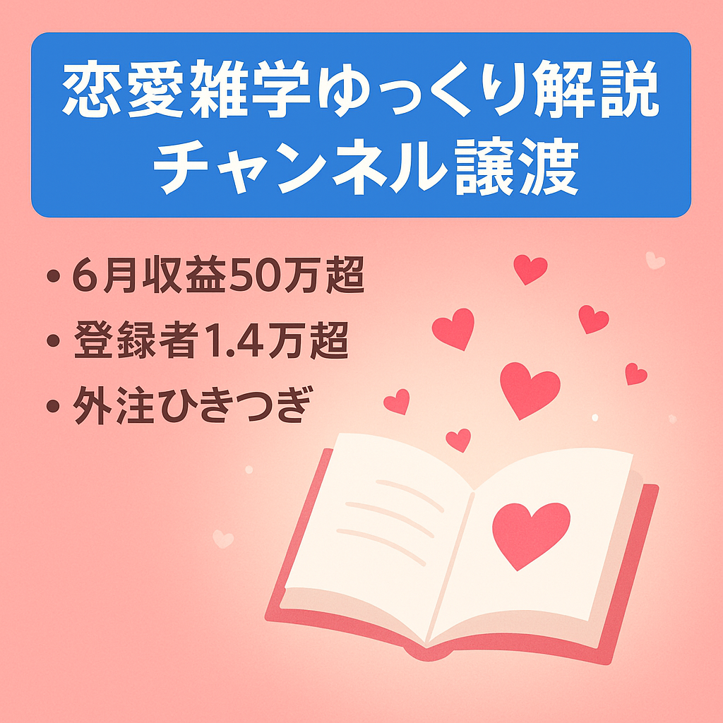 【6月収益50万円超・登録者1.4万超】外注引き継ぎ有り。恋愛雑学のゆっくり解説チャンネル譲渡。