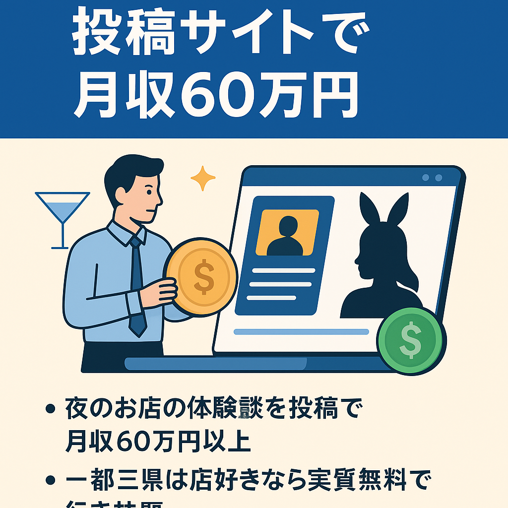 【夜のお店の体験談の投稿で平均月収60万円】一都三県での大手口コミサイトで有料記事販売