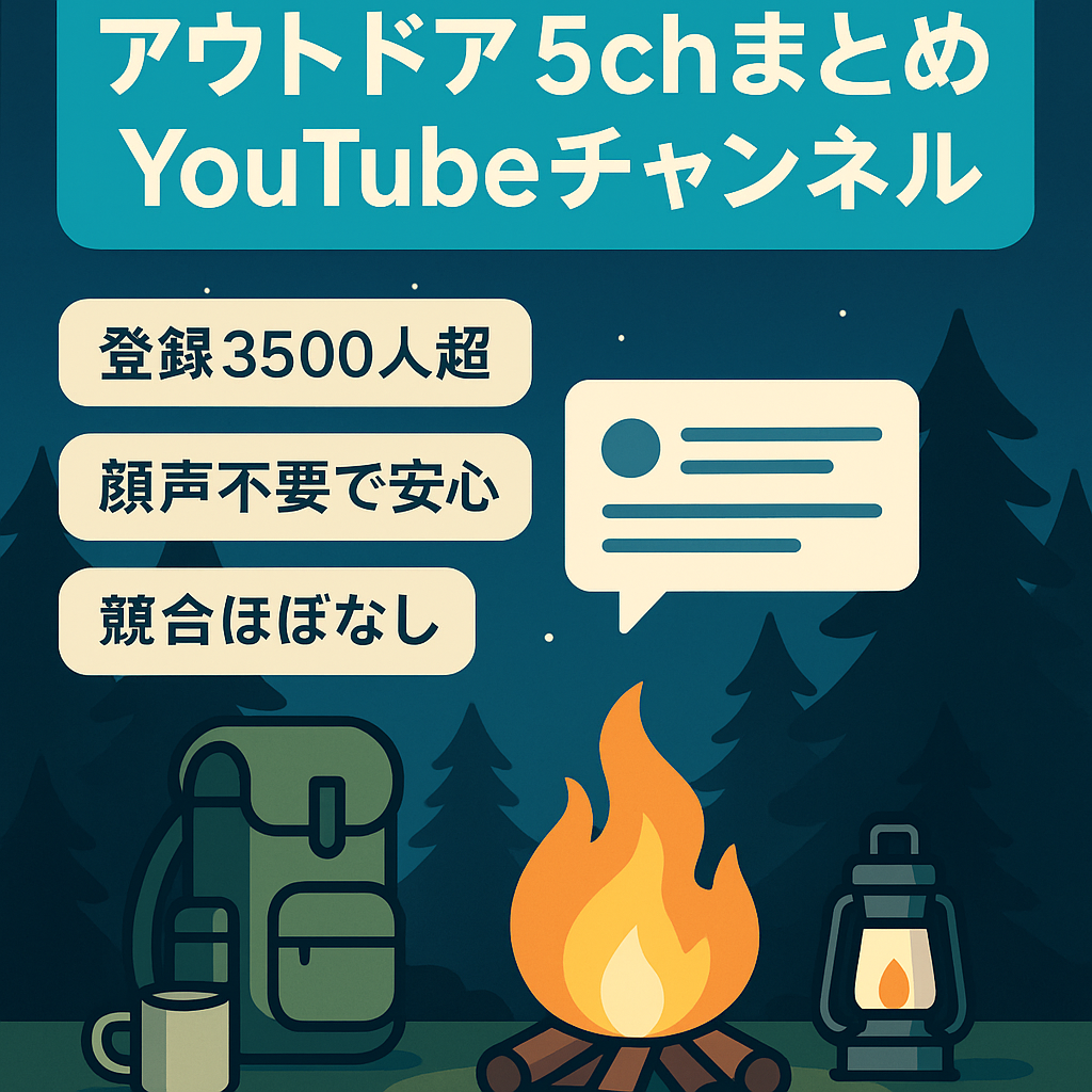 【顔出し・声出し・属人性なし／登録者3,500人以上／累計収益約60万円】　競合が少ない！アウトドアの2chまとめスレ系　動画投稿・収益継続中！　チャンネル登録者増加中！