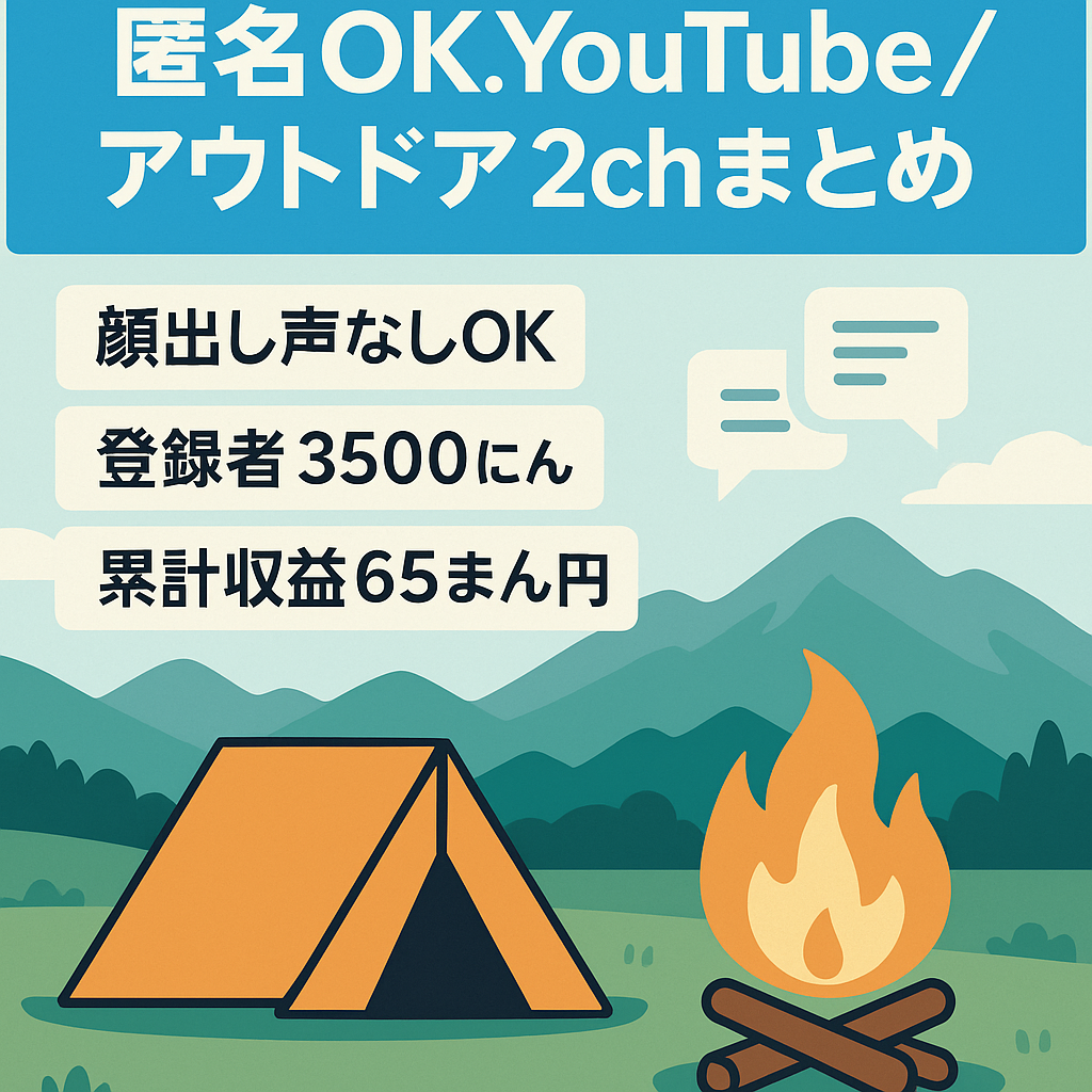【顔出し・声出し・属人性なし／登録者3,500人以上／累計収益約65万円】　競合が少ない！アウトドアの2chまとめスレ系　動画投稿・収益継続中！　チャンネル登録者増加中！