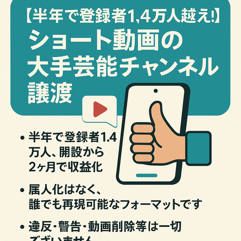【半年で登録者1.4万人越え！】ショート動画メインの人気芸能ジャンル大手チャンネル譲渡