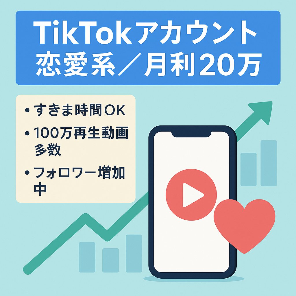 【TikTok再生回数収益月利２０万】１００万再生以上多数、誰でも隙間時間で運用可能（恋愛系）