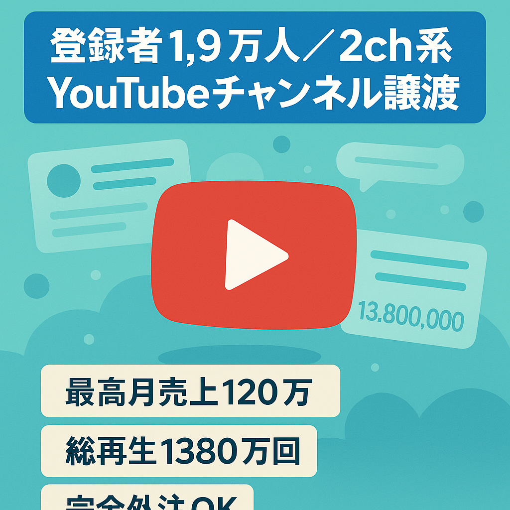 【最高売上月120万円】登録者19,560人の2ch系YouTubeチャンネルの譲渡 【総再生数1380万回/完全外注化可能】