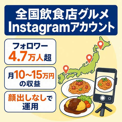 【フォロワー4.7万人超・月10〜15万円の掲載収益あり】全国の飲食店を紹介するグルメInstagram｜顔出しなし・テンプレ運用で引き継ぎやすい