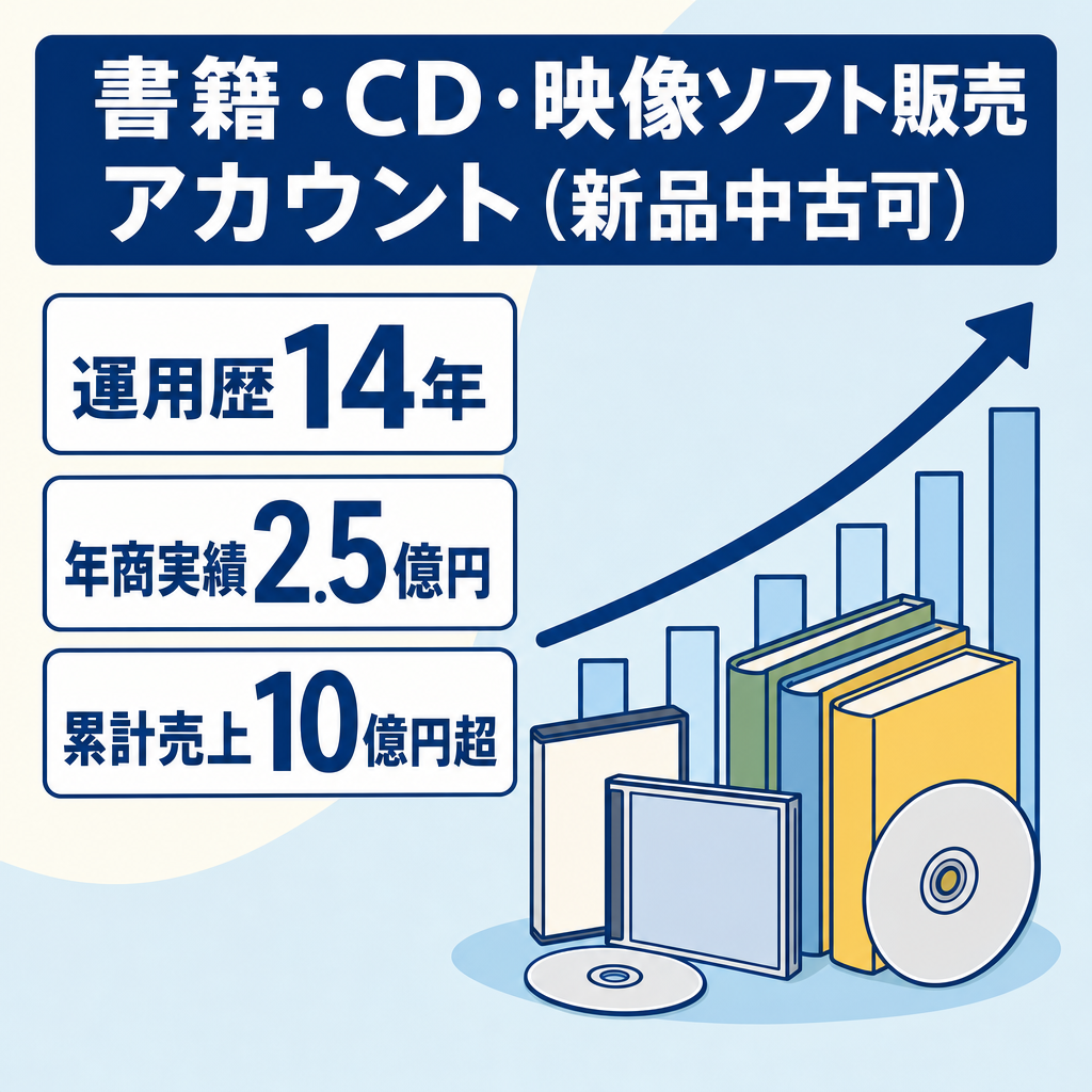 EC事業：最終価格　運用歴14年　年商2.5億円　書籍・CD・DVDブルーレイ新品中古出品OK　他ブランド多数可