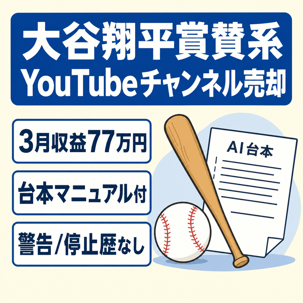 【最高月収77万円/即決希望】野球・大谷翔平賞賛系YouTubeチャンネル | 非属人 | AI台本作成マニュアル提供