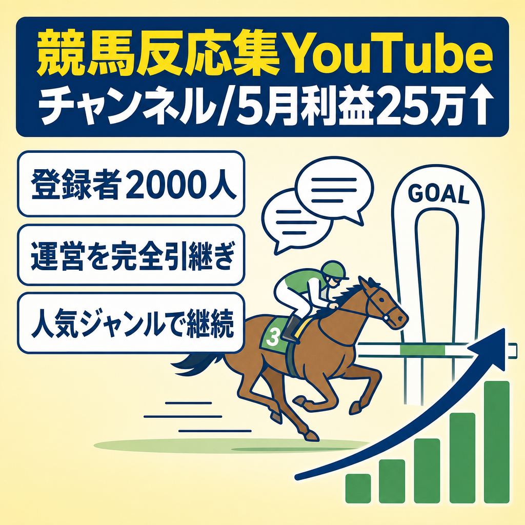 【運営完全引継ぎ可能】登録者2000人 5月利益25万円↑の競馬反応集youtubeチャンネル