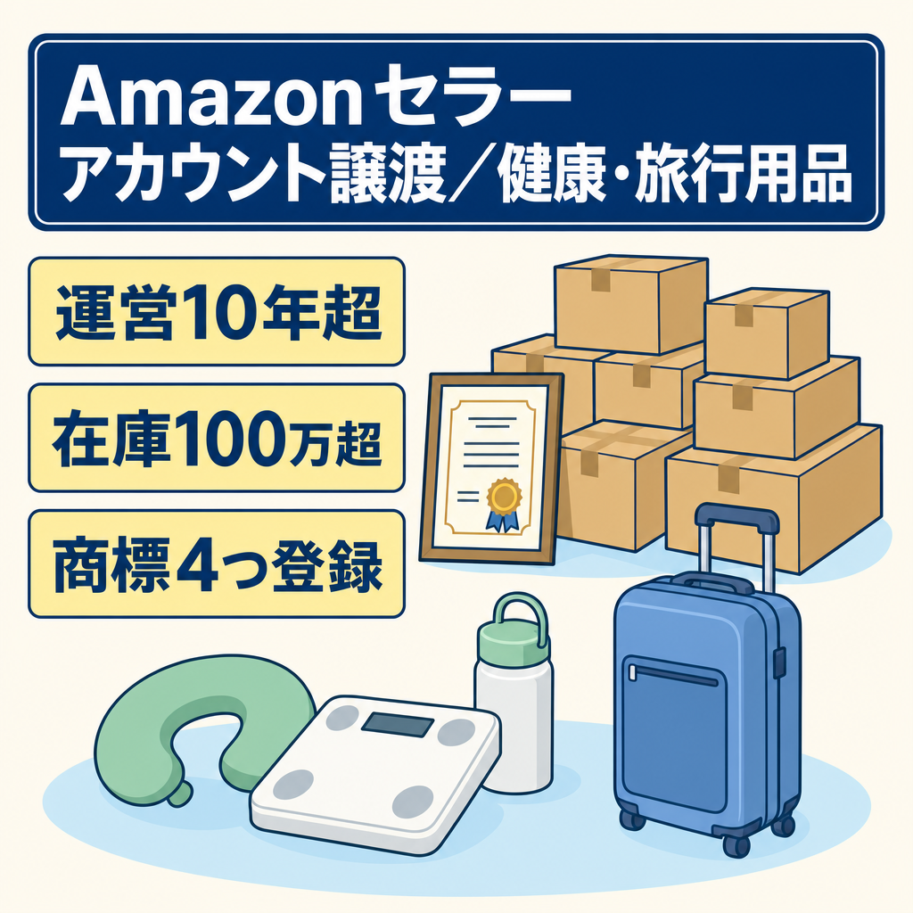 EC事業：【最高年商3900万超/10年超運営】Amazonセラーアカウント＋在庫100万超譲渡(健康器具/旅行用品など)、ブランド登録有(商標含む)大手百貨店販売ブランドも保有