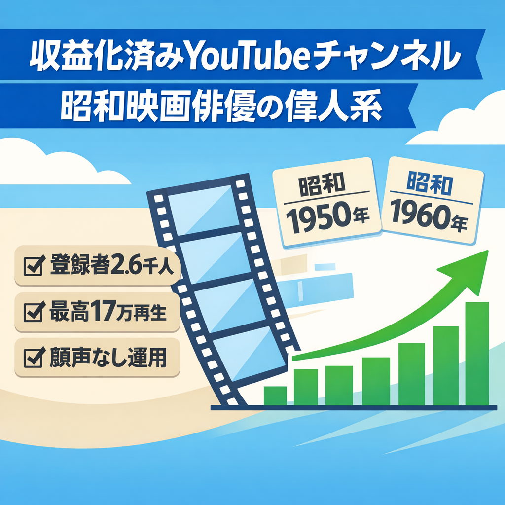 【収益化済み】YouTubeチャンネル登録者数2.6千人以上「偉人系（昭和映画の俳優）」過去最高17万再生！