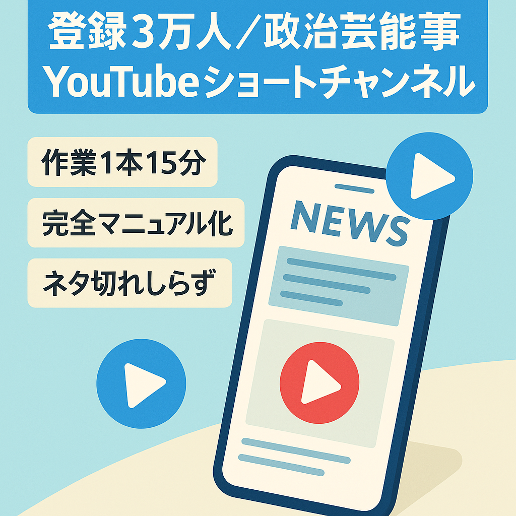 【9/30終了!最終値下げ】登録者3万人！ 完全マニュアル化で再現性抜群 非属人 1本15分作業の政治/芸能/時事ネタYouTubeショートチャンネル【値段交渉歓迎/大注目ジャンル】