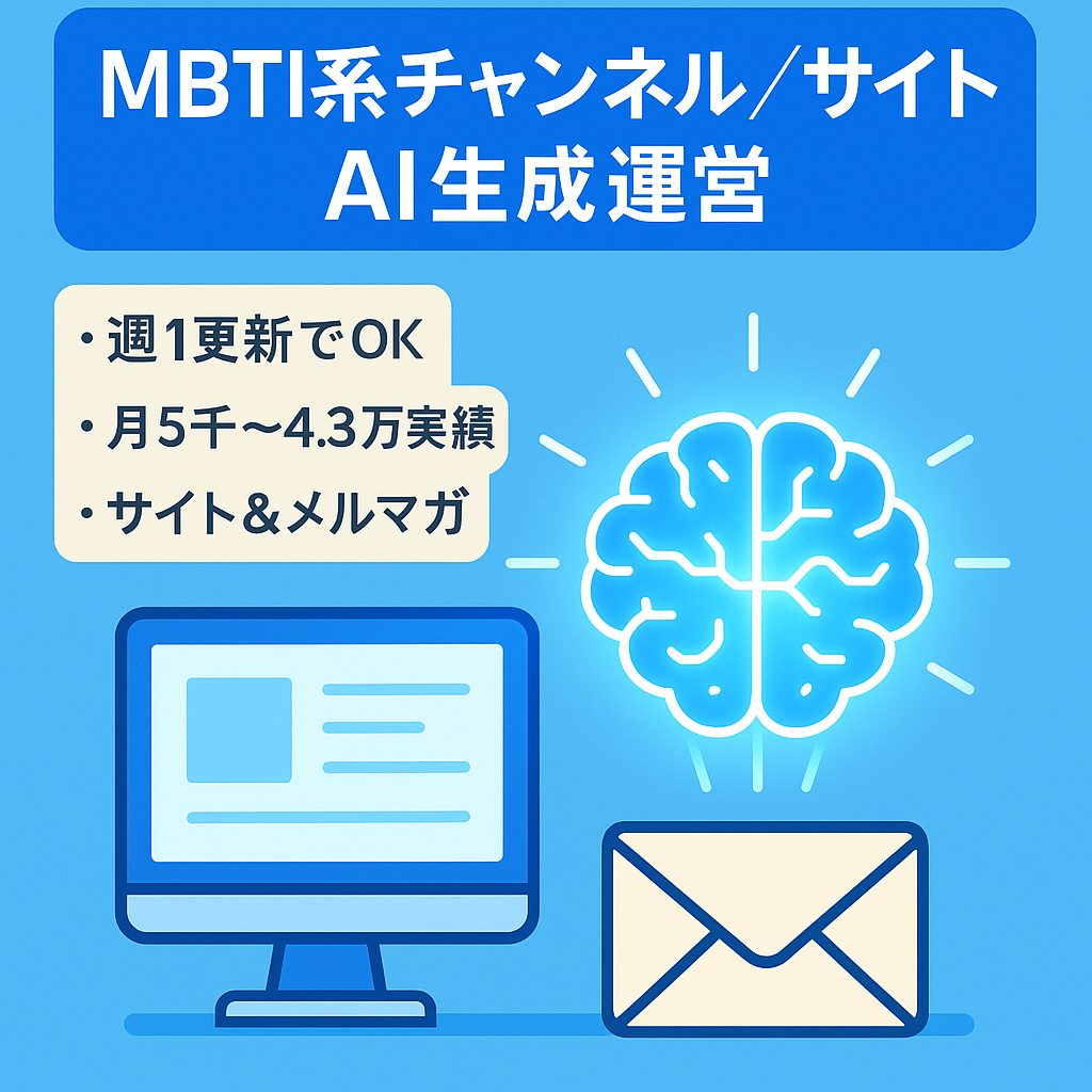 【収益月5000〜4.3万円】AI生成＋キャラ設計で属人性ゼロのMBTI系チャンネルとWebサイト｜マニュアル譲渡・伸び代◎