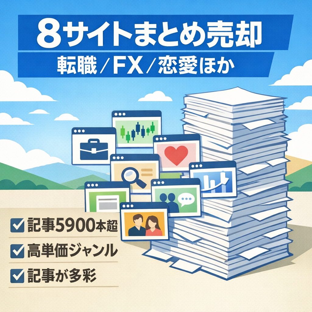 8サイト一括売却。総記事5,900超。転職、FX、光回線、買取、恋愛など。