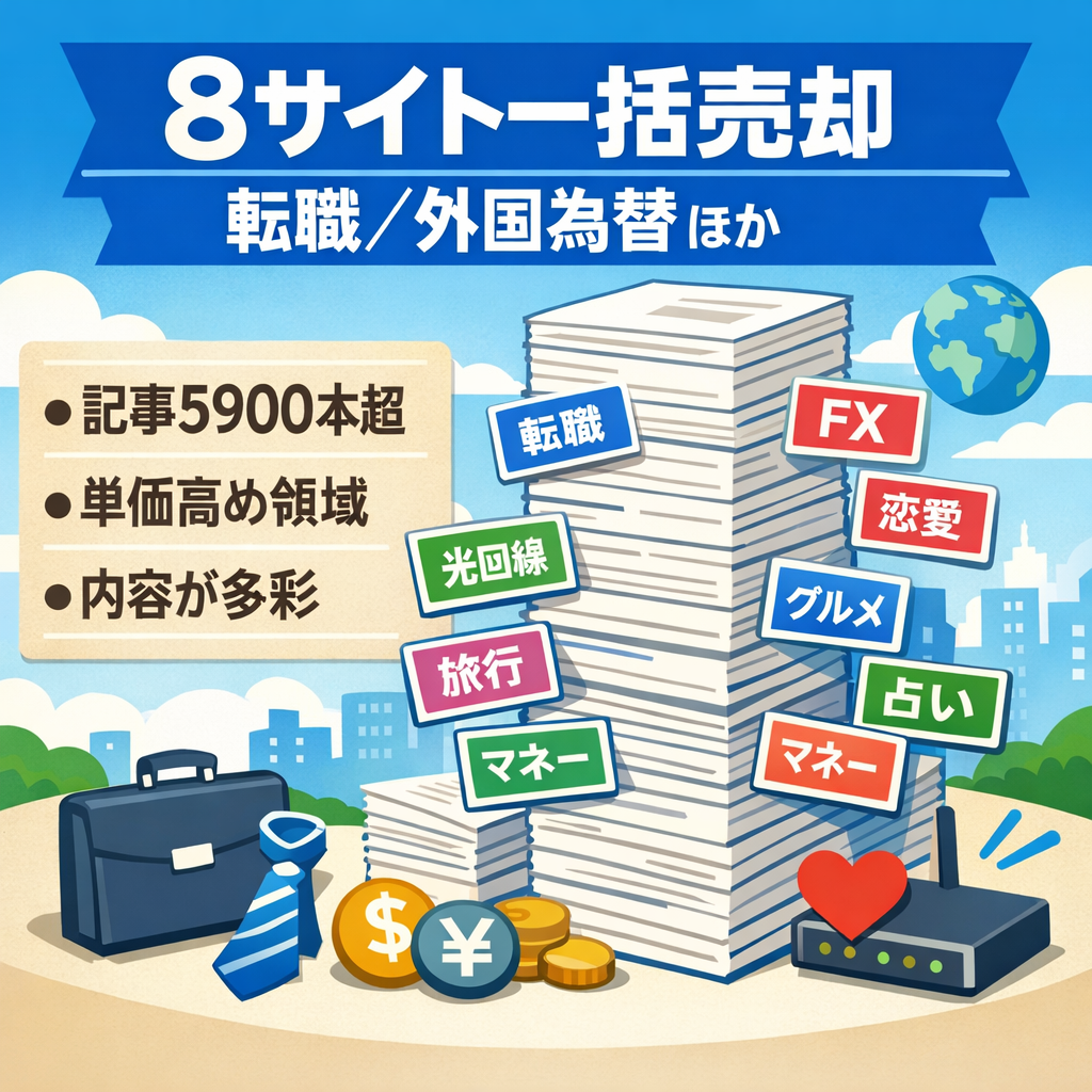 8サイトまとめ売却。総記事5,900超。転職、FX、光回線、買取、恋愛など。