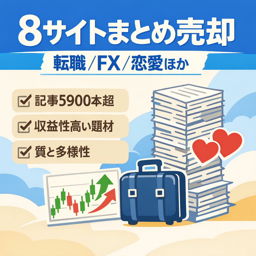 8サイトまとめ売却。転職、FX、光回線、買取、恋愛など。総記事5,900超。