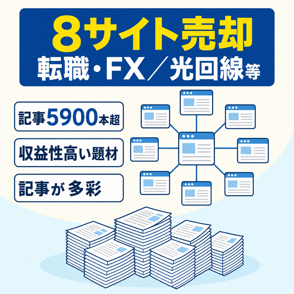 8サイトまとめ売却｜総記事5,900超｜転職・FX・光回線・買取など強ジャンル多数