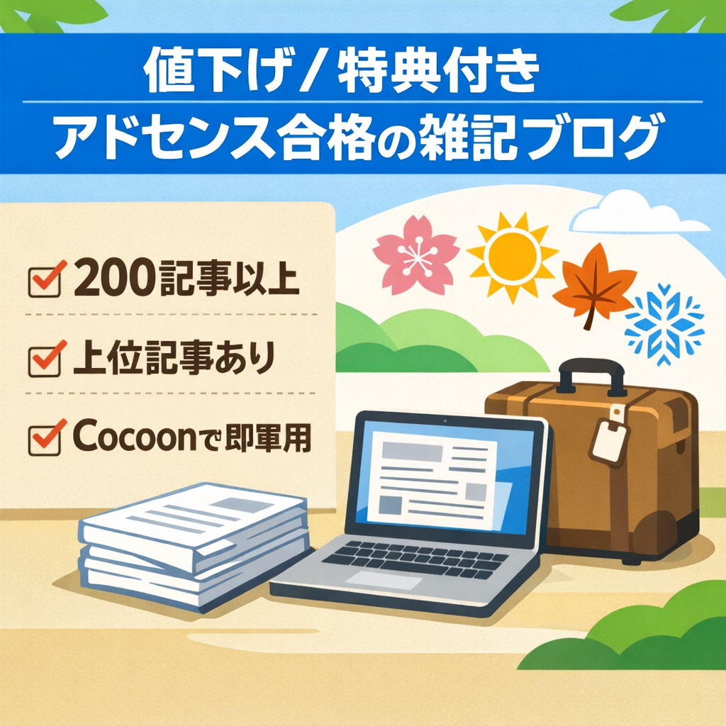 【値下げ】アドセンス合格済み＆200記事以上！エンタメ・季節ネタ・旅行の雑記ブログ【豪華特典付き】