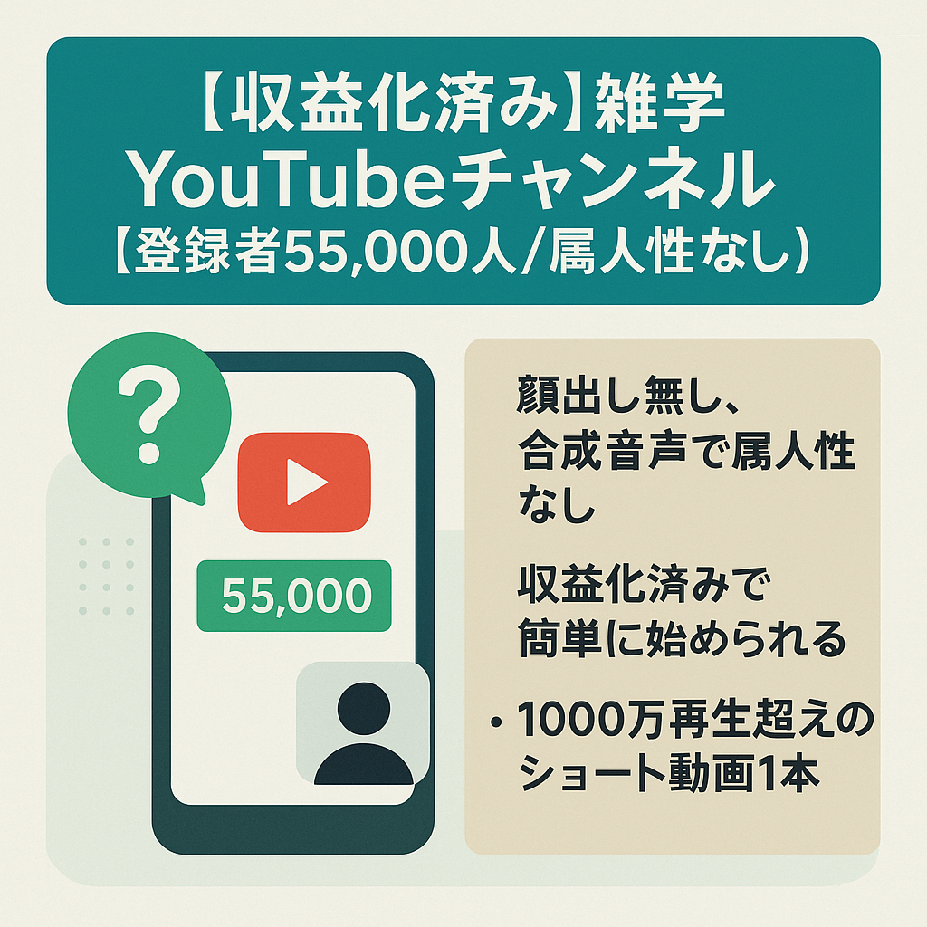 【収益化済み】雑学系YouTubeチャンネル【登録者55,000人/属人性なし/ショート動画メイン】