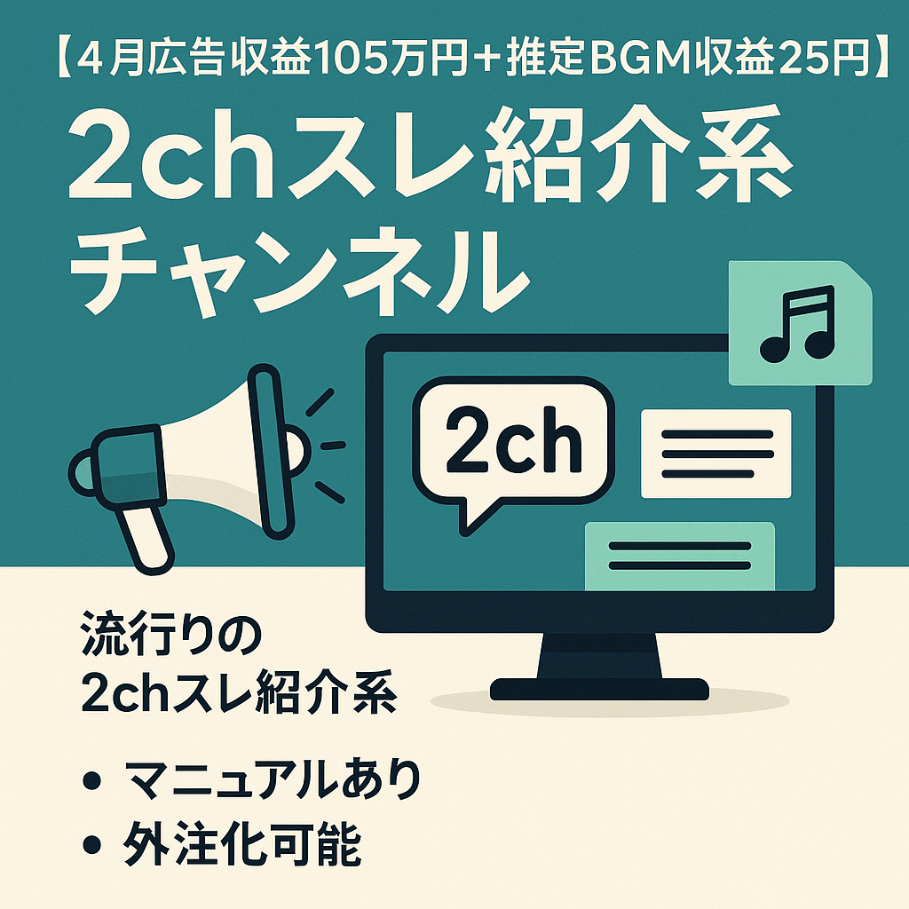 【4月広告収益105万円+推定BGM収益25万円】2chスレ紹介系チャンネル【5月分収益全額お渡し/BGM収益引継可能】