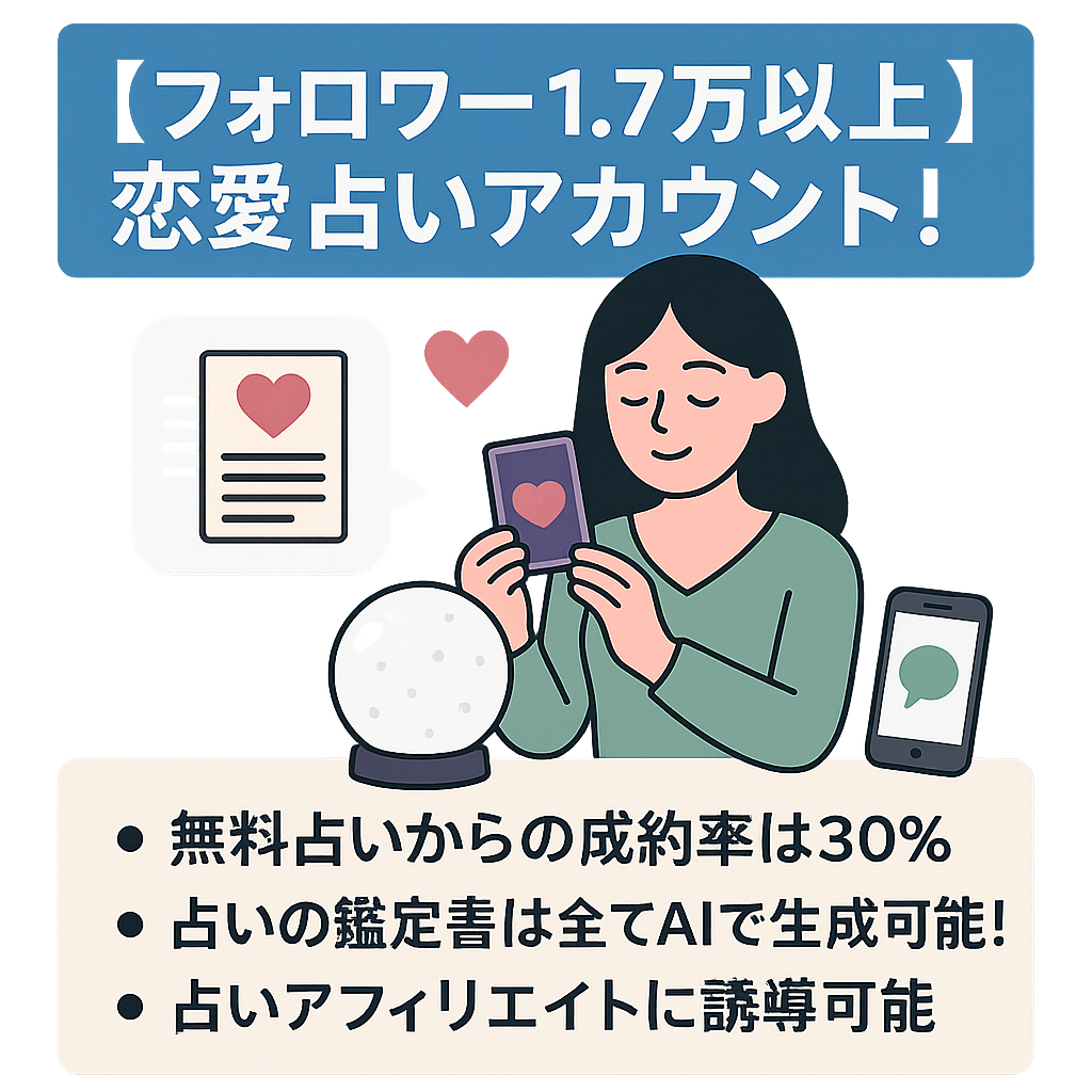 【フォロワー1.7万以上】恋愛占いアカウント！独自コンテンツ販売へ流入構築済み！収益に繋がる公式LINEアカウントもセット中！