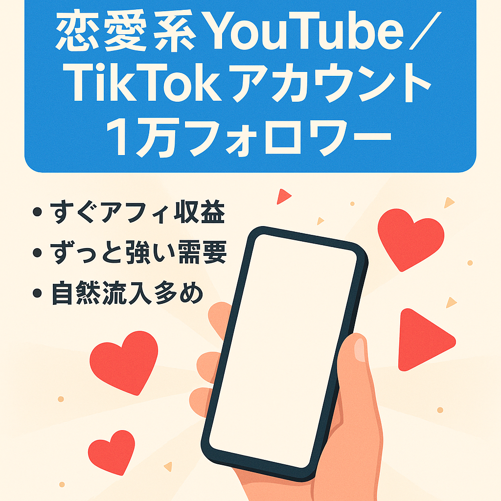恋愛系YouTube・tiktokアカウント｜総フォロワー１万人｜アフィリエイト収益あり｜非属人系