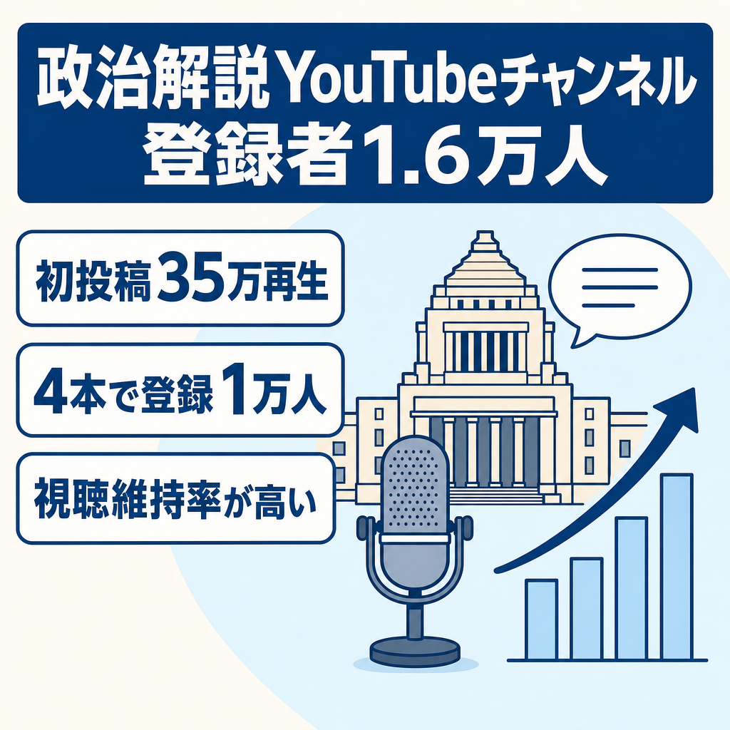 【登録者1.6万人】政治系解説チャンネル/初投稿で35万再生・投稿4本で登録者1万人を達成したYouTubeチャンネル