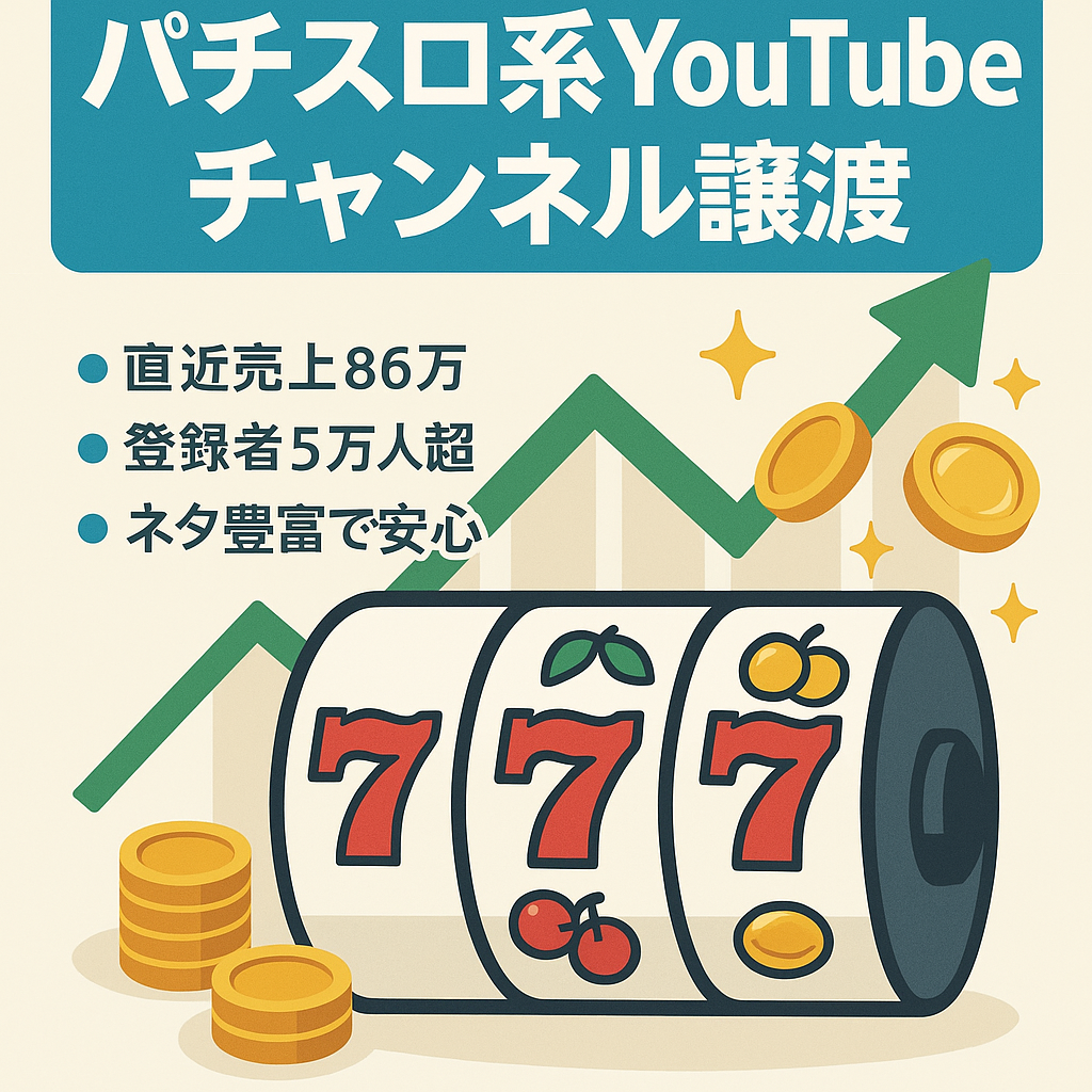 【直近売上86万】登録者5万人超のパチスロ系YouTubeチャンネルのアカウント譲渡