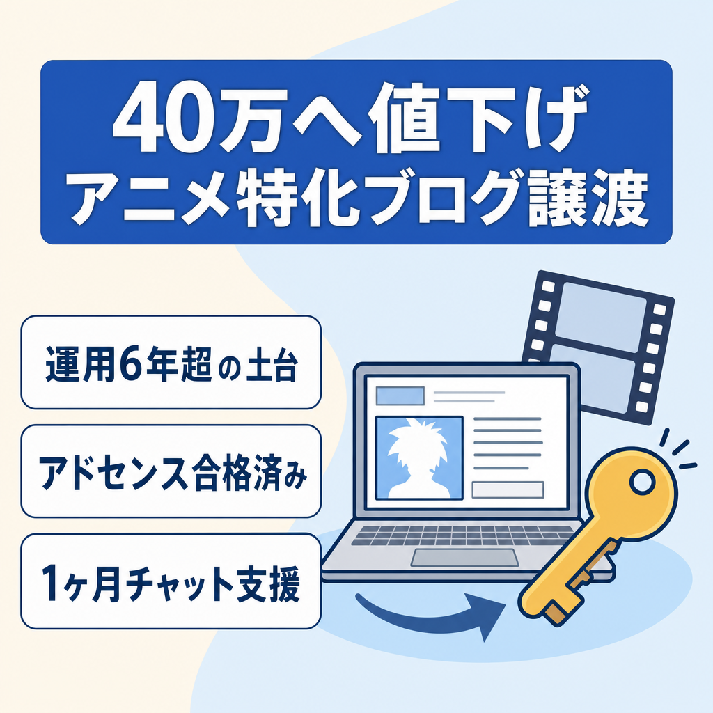 【40万へ値下げ】2019年開始のアニメ特化ブログ。6年超の運用歴・アドセンス合格済みの構築済み土台、リアルタイム譲渡対応