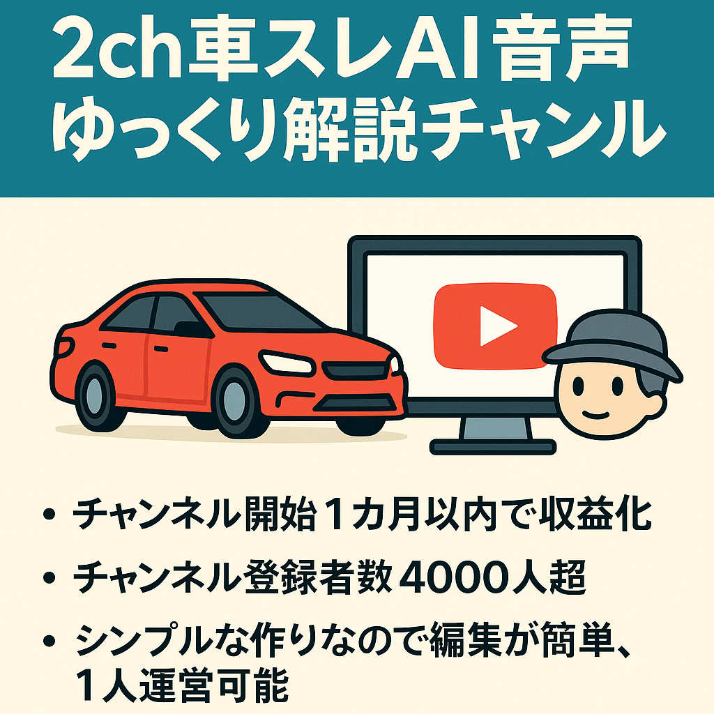 【ライバルが少ないジャンル&1カ月以内に収益化 】2ch車スレAI音声ゆっくり解説チャンネル/登録者数4000人超