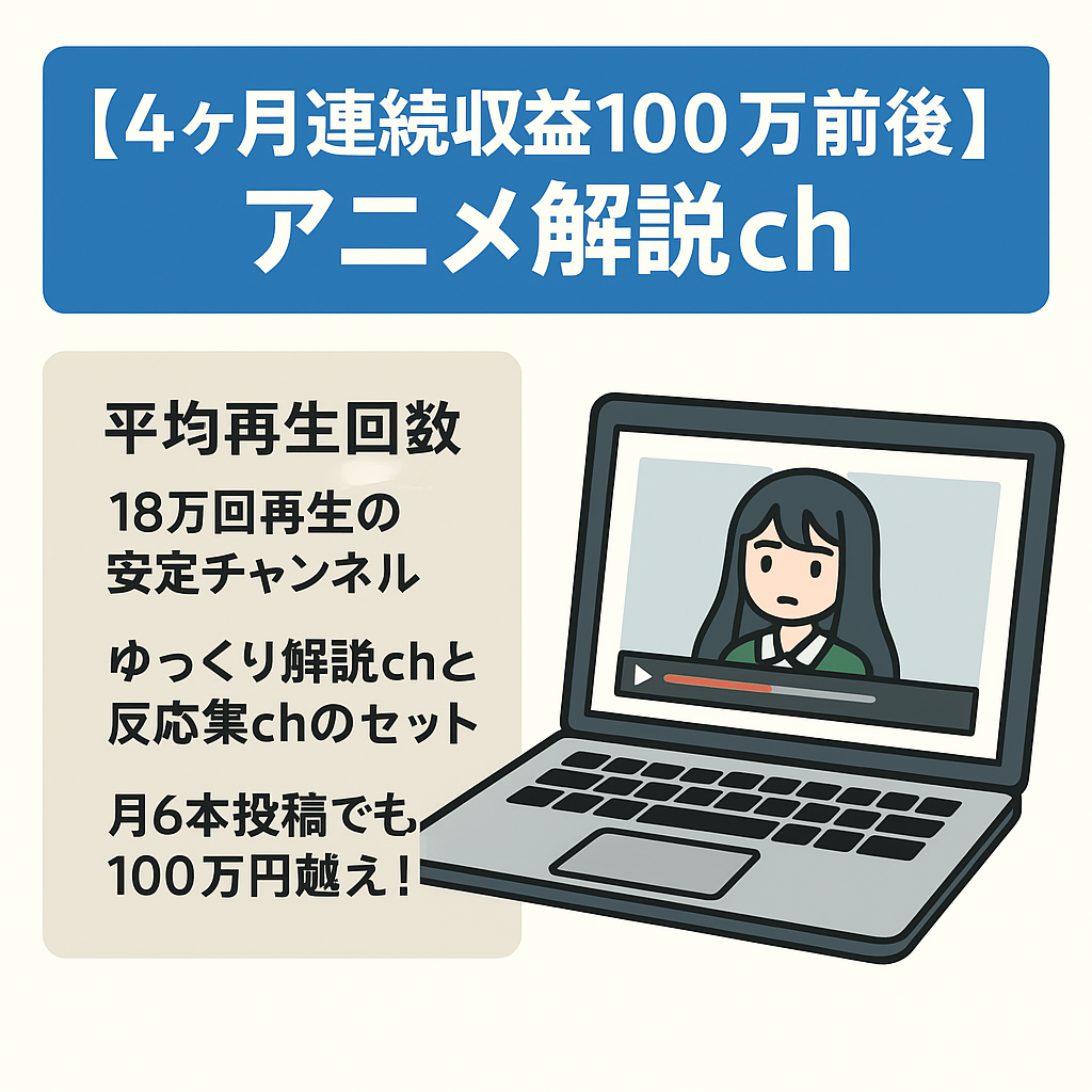 【4ヶ月連続収益100万前後】平均再生回数18万回 ！ 大人気アニメゆっくり解説ch【登録者44000人超え/収益化済み】＋大人気アニメ反応集ch【登録者3600人越え/収益化済み】