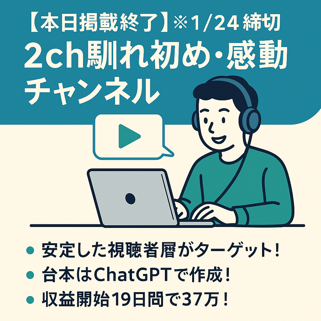 【本日掲載終了】※1/24締切【収益開始19日間で37万！台本はChatGPT使用】2ch馴れ初め/感動チャンネル