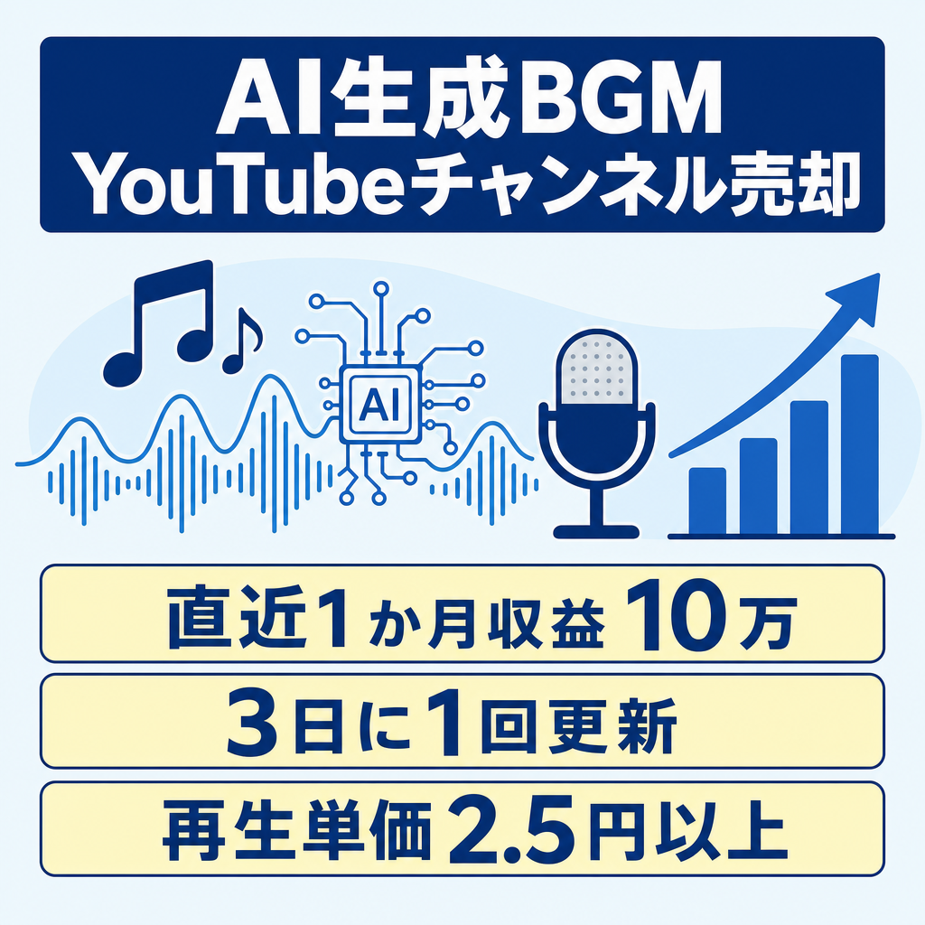 【月10万・3日1更新】AI生成BGM YouTubeチャンネル/ライブ配信主軸【再生単価2.5円以上】