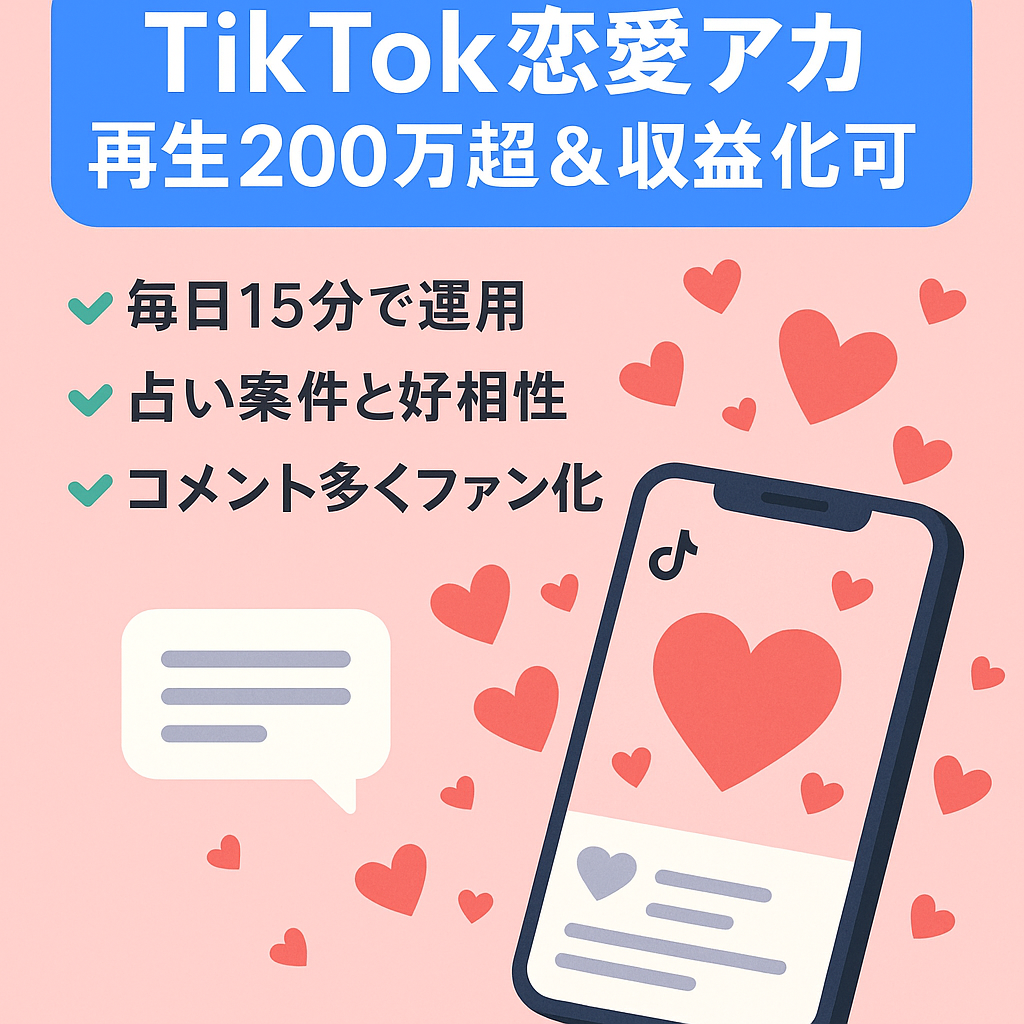 【Tiktok収益化可能アカウント】再生数200万回超え動画あり。属人性の低い恋愛アカウント