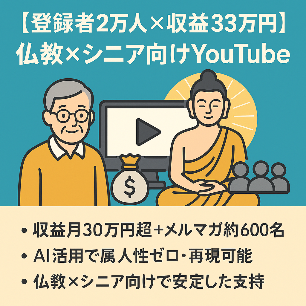 【登録者2万人×収益33万円】仏教×シニア向けYouTube譲渡｜《5月25日まで限定300万円》顔出し不要・外注化も可能／安定収益・メルマガ600名付き