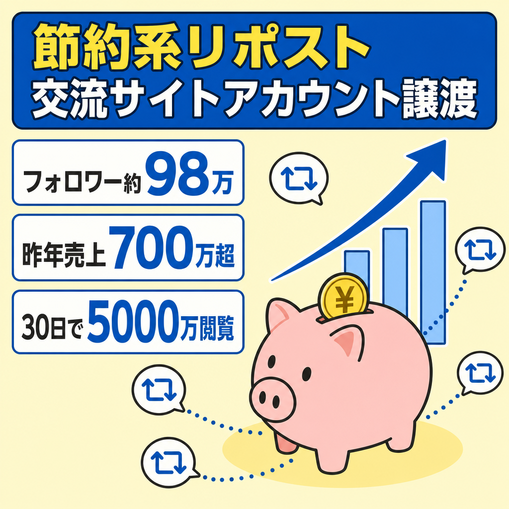 【フォロワー約98万人／昨年売上700万円超】顔や声出し無・運用引継ぎ有｜節約系リポストアカウント