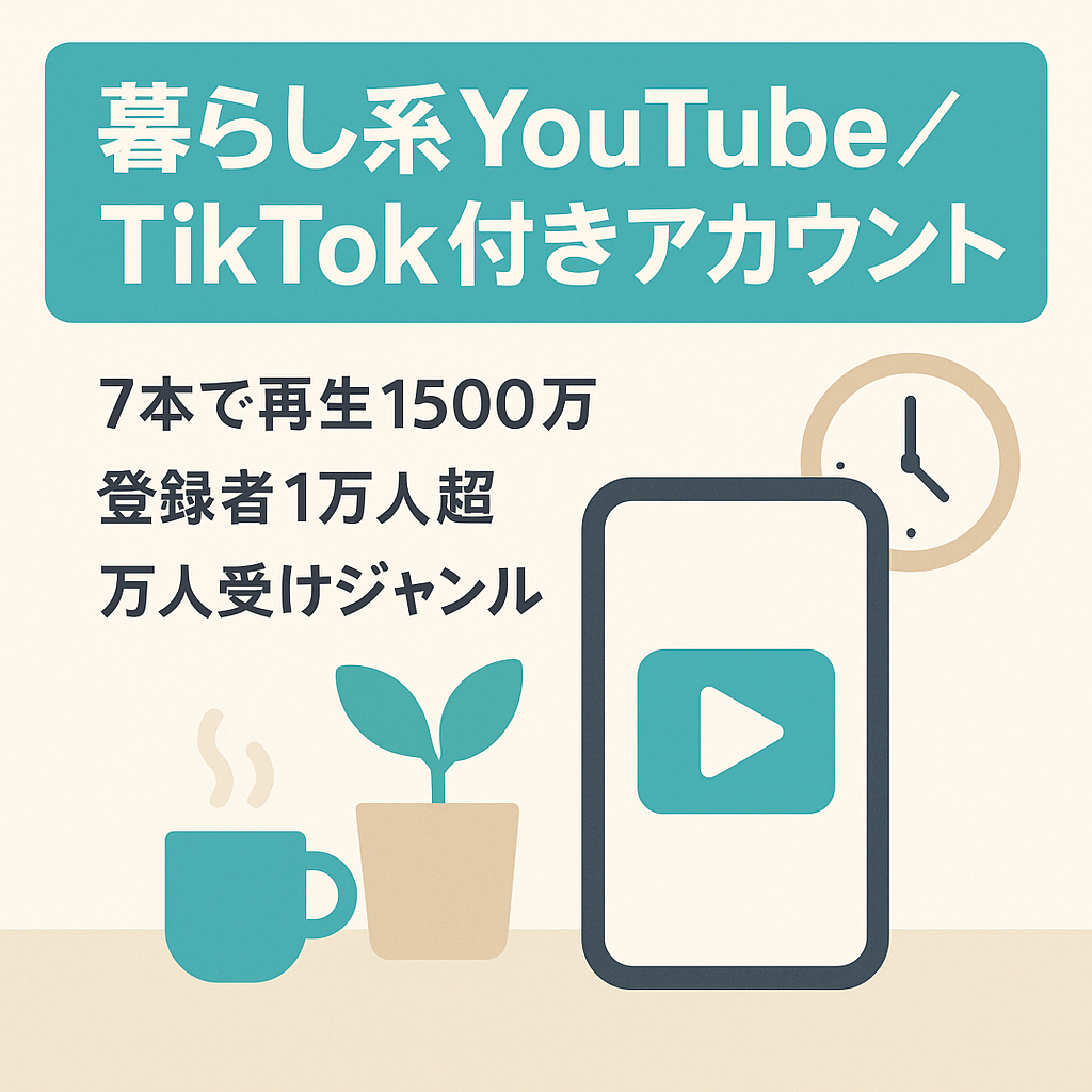 【累計再生数1,500万・登録者1万人越え】暮らし・生活系youtubeアカウント（TIKTOK5000人登録者付）