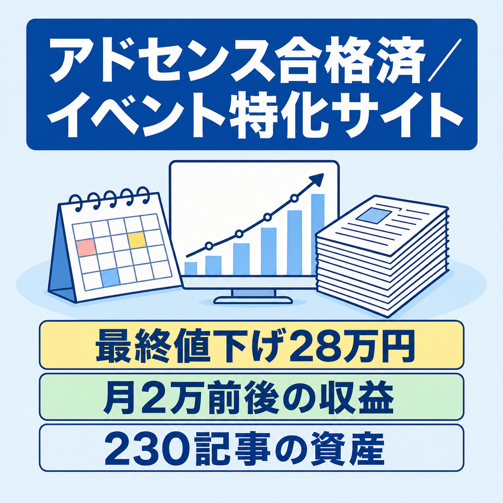 【28万最終値下げ】月収2万/最高PV8万｜アドセンス合格済のイベント系特化サイト｜230記事の豊富な記事を譲渡！