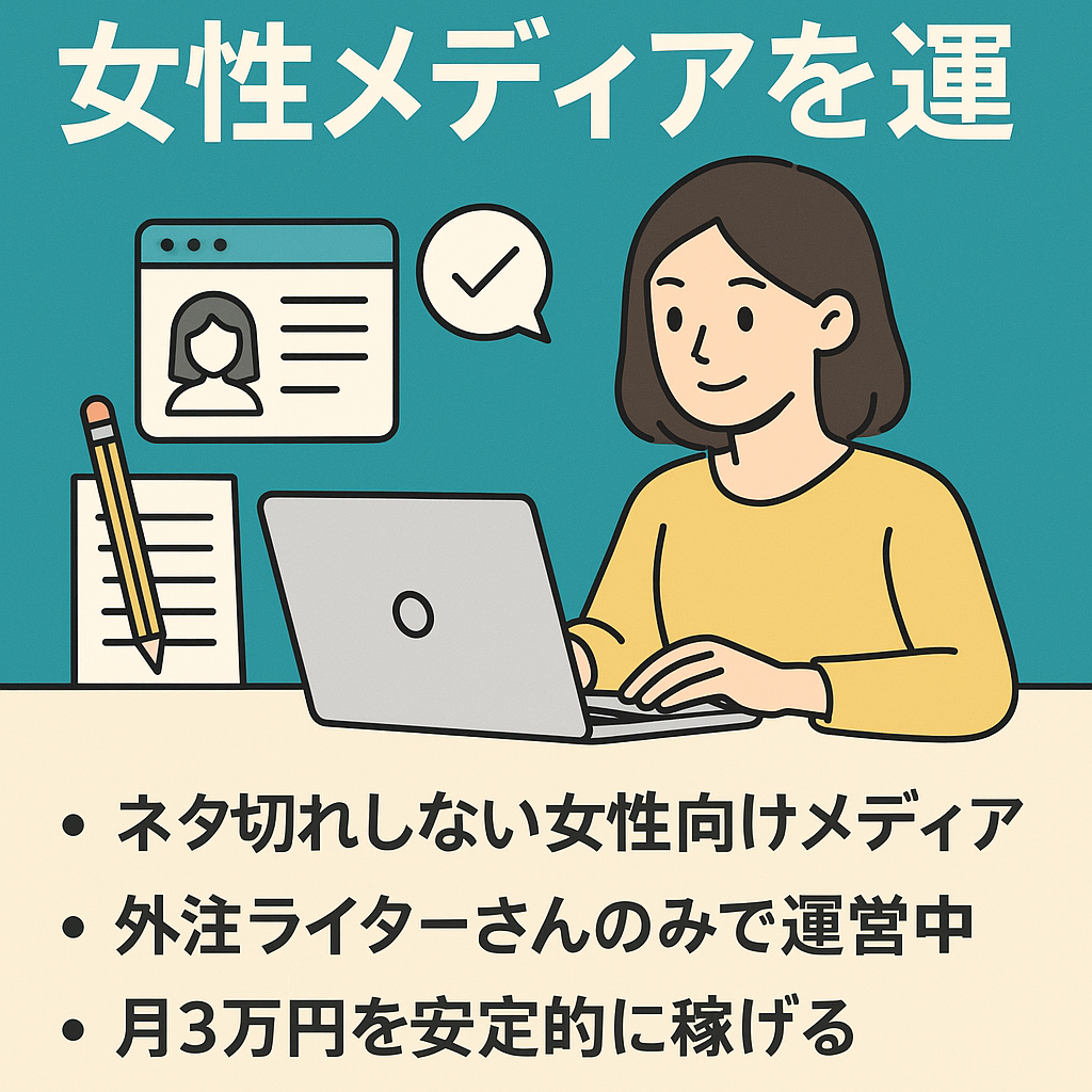 【平均月収3万円】外注ライターのみで運営可能な女性メディア！購入者サポート・ライティングマニュアルあり