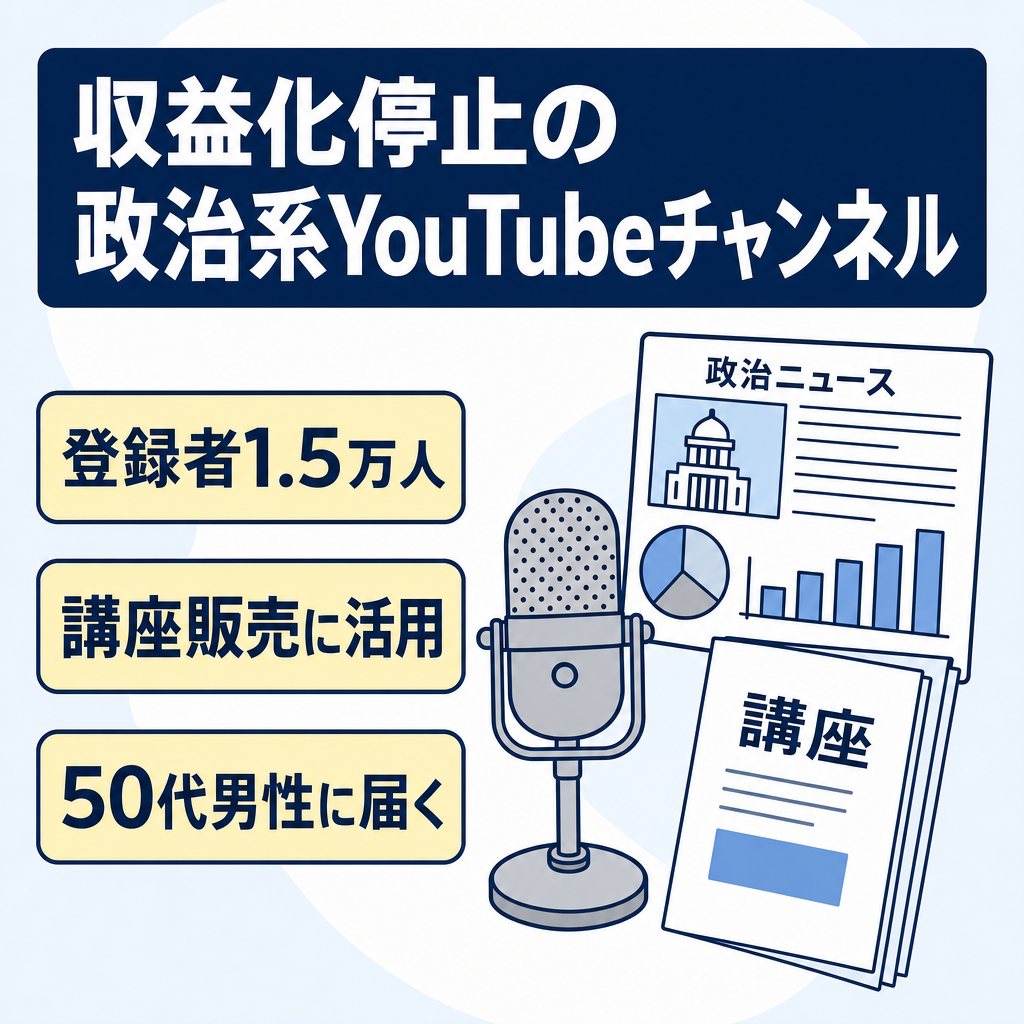 【訳あり:収益化停止】登録者1.5万人の政治系YouTubeチャンネル｜広告収益ではなく講座やサービス販売の集客チャネルに！