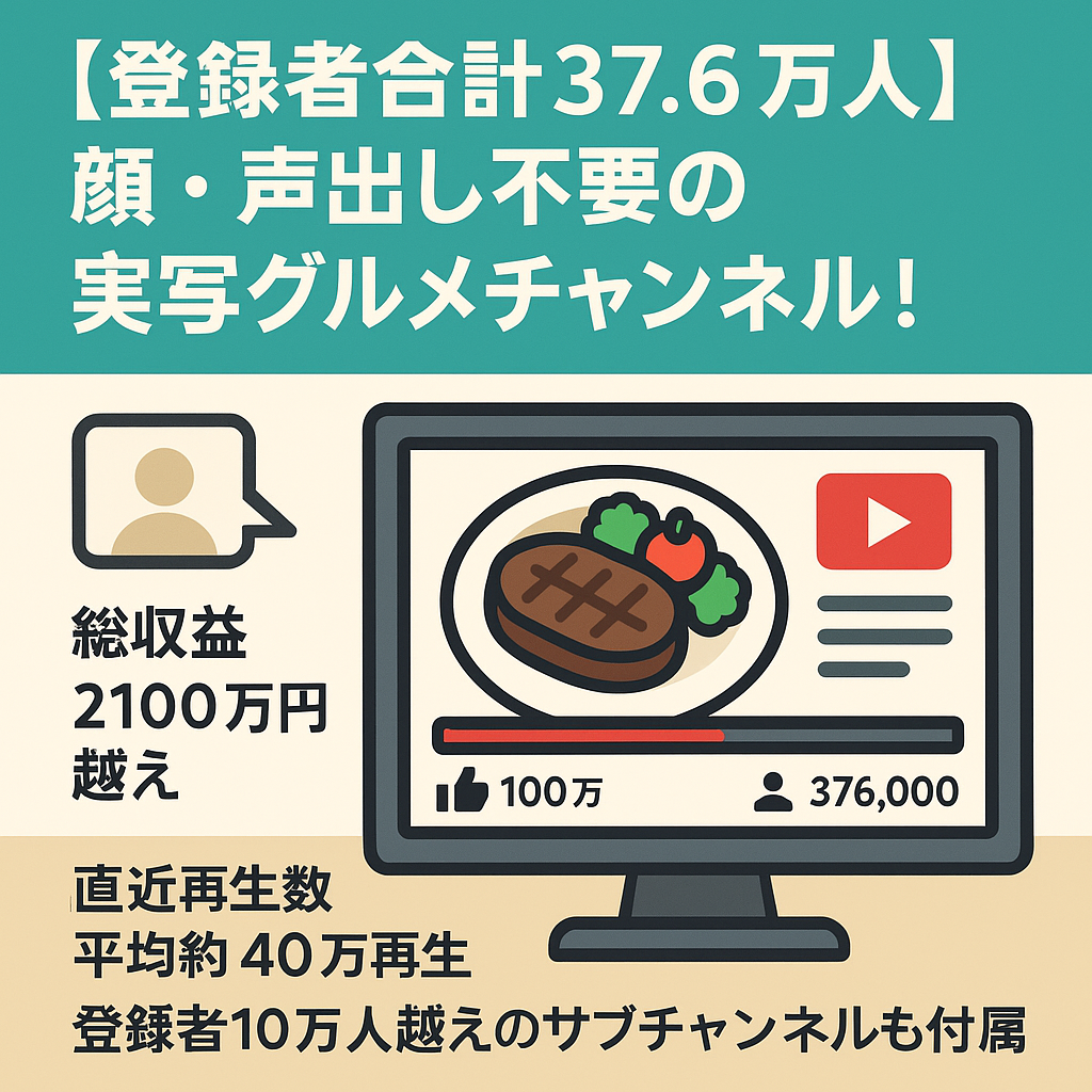 【登録者合計37.6万人】顔・声出し不要のカンタン実写グルメチャンネル！【総収益2100万円越え！】【価格交渉OK】