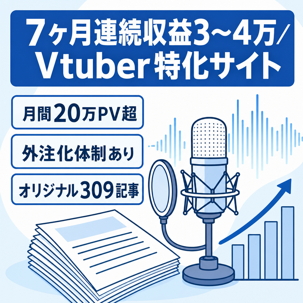 【７か月連続収益3〜4万】月間20万PV超のVtuber特化サイト！マニュアル完備・外注ライター引継ぎ相談可・１か月無料サポート付