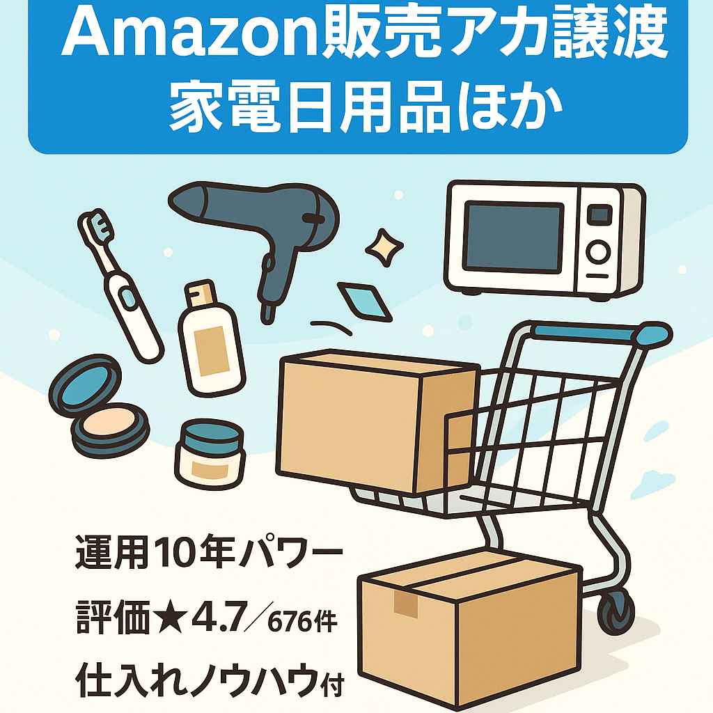 EC事業：【譲渡後1ヵ月サポート】AmazonEC事業譲渡　取り扱いジャンル、家電、日用品、コスメ、食品、DVD等　評価数676☆4.7・出品制限解除済み多数
