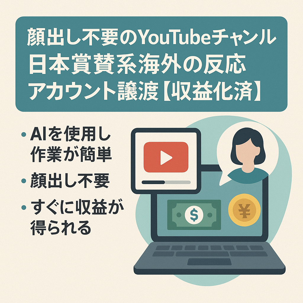 顔出し不要のYouTubeチャンネル日本賞賛系海外の反応のアカウント譲渡【値段交渉歓迎】【収益化済】【RPM400円超可能】