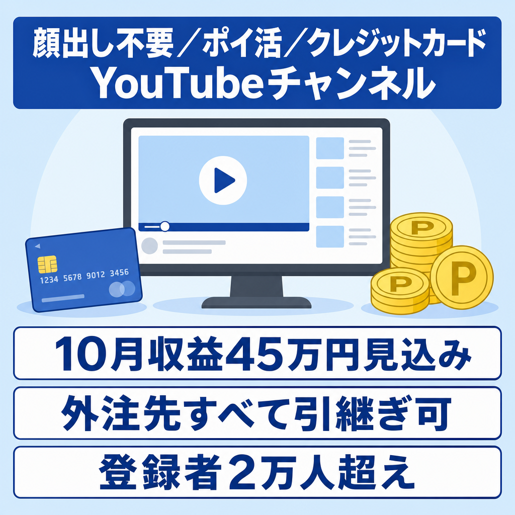 【10月収益45万円見込み（過去最高更新）】登録者2万人超え！ポイ活・クレジットカード系YouTubeチャンネル｜顔出し不要