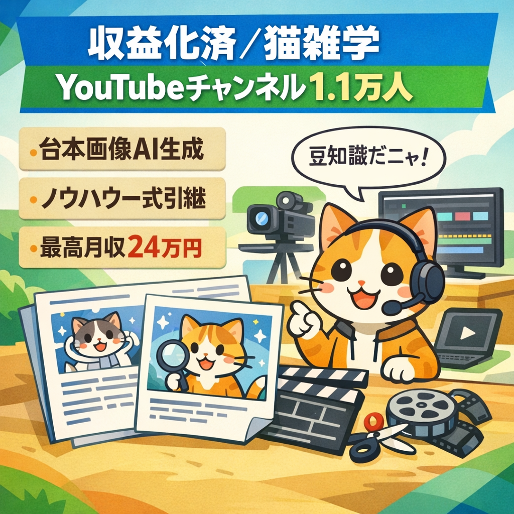 【収益化済 / 非属人Youtube登録者1.1万人】猫の雑学系で成長中！lノウハウ・動画編集者すべてお渡し