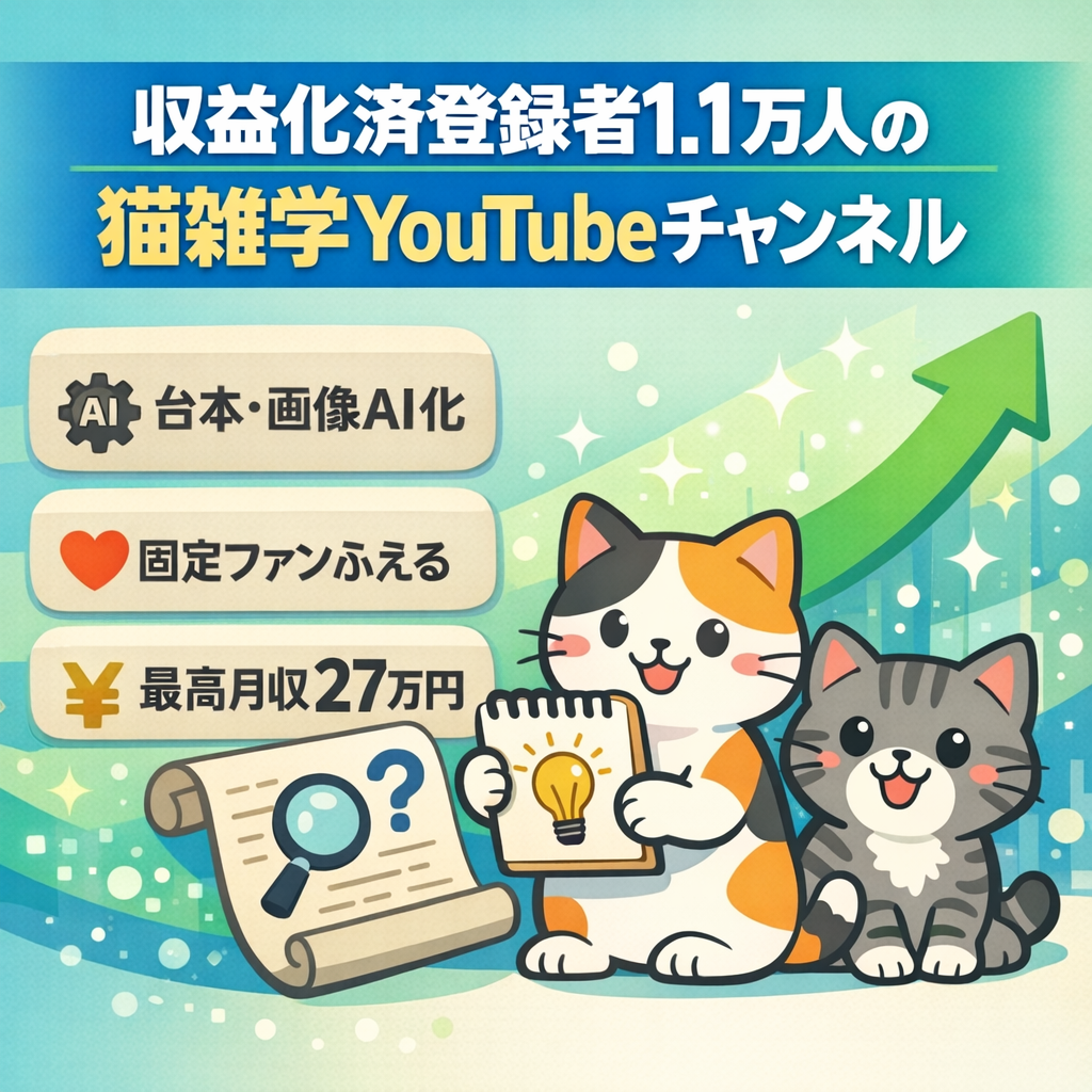 【収益化済 / 非属人Youtube登録者1.1万人】猫の雑学系で成長中！ノウハウ・動画編集者すべてお渡し