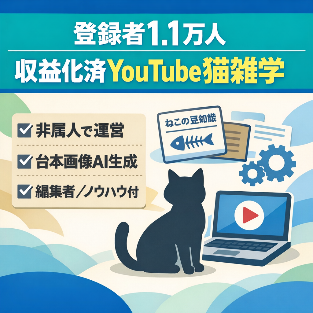 【収益化済 / 非属人Youtube登録者1.1万人】猫の雑学系で成長中！ノウハウ・動画編集者すべてお渡し