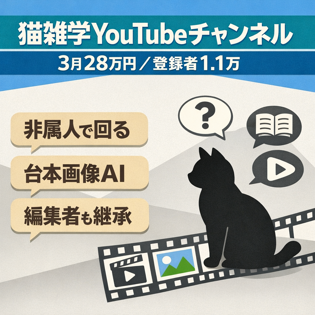 【3月28万円/ 非属人Youtube登録者1.1万人】猫の雑学系で成長中！ノウハウ・動画編集者すべてお渡し