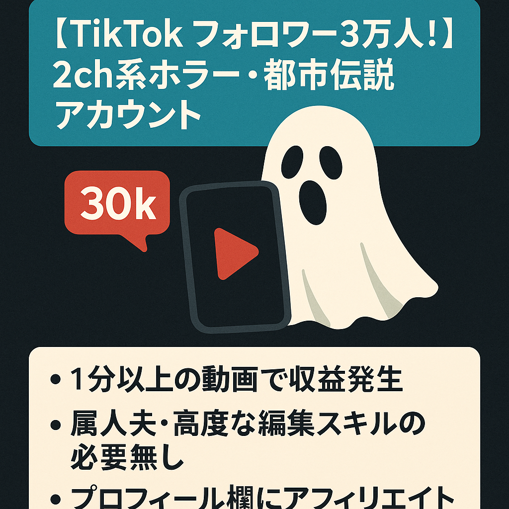 【TikTok フォロワー3万人！】2ch系ホラー・都市伝説アカウント/平均120万再生実績/属人生無し
