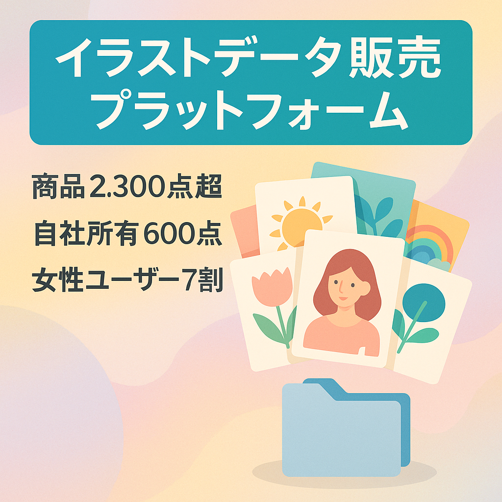 【商品数2,300点/ファイル数28,000点以上】イラスト/データ販売のプラットフォーム【利用者の70％以上は女性｜過去利益37,000円/月】