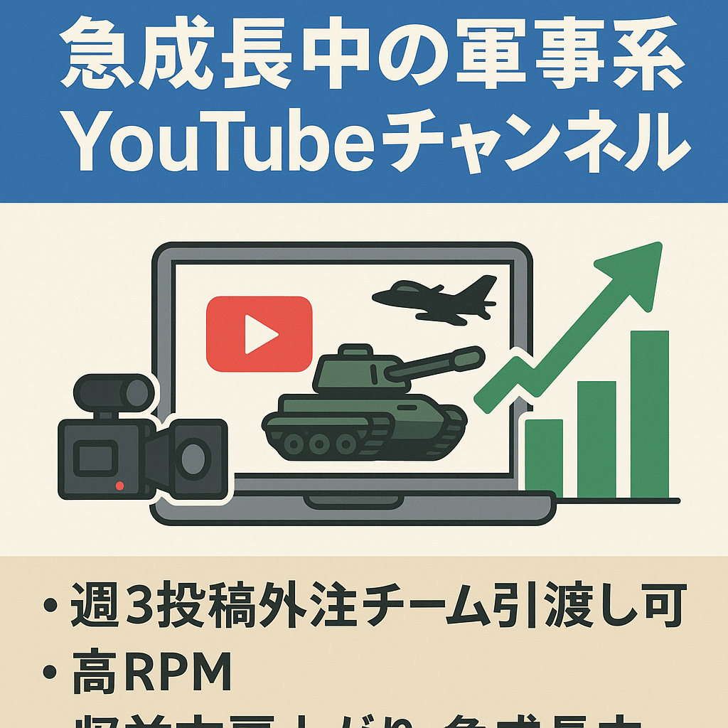 【直近月間収益50万円越え】急成長中の軍事系YouTubeチャンネル【属人性なし/週3投稿外注チーム】